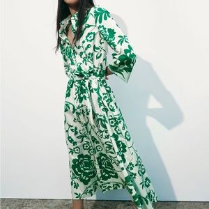Zara Printed Poplin Dress in Green/White Floral